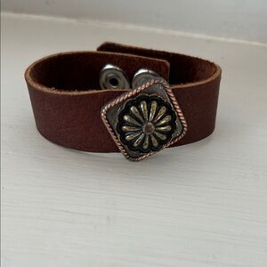 Brown Leather Bracelet with Floral Accent
